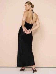 SIR Aries Black Romantic Sexy Lace Trim Plunging V-Neck Silk Halter Gown 3 = 8 M