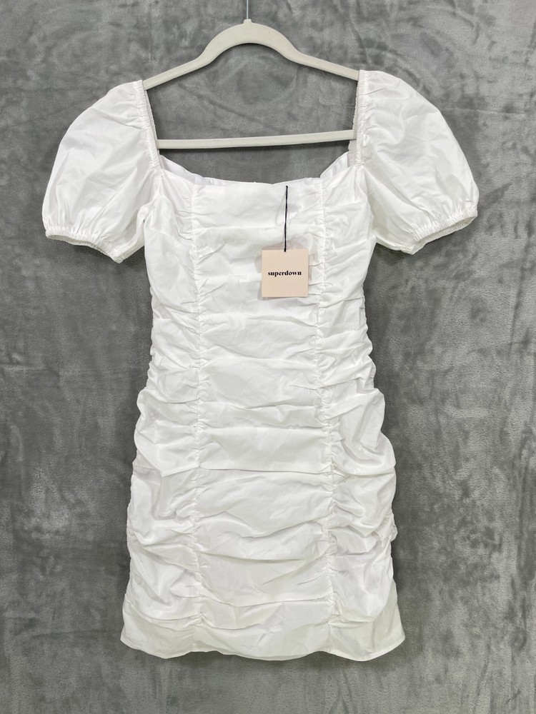Revolve Superdown Size S White Rumor Ruched Puff Sleeves Mini Dress Cotton NWT