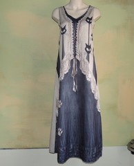S Novelty Cat Print Midi Dress Mid-Century Modern Long Neck Cats Lagenlook Boho