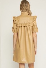 Boutique Entro Tan Faux Leather Collared Ruffle Pockets Mini Dress Sz M
