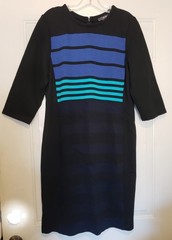 Ladies PER SE 3/4 Slv Medium Weight Knit Dress Navy Blue Stripes, sz 14
