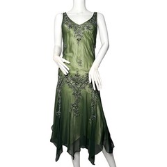 Scala Size M Silk Moss Green Sequined Mid Dress Sleeveless