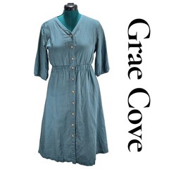 Grae Cove Dress Womens S Blue Linen Cotton Midi Button Front V-Neck Coastal Boho