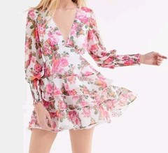 Keepsake The Label Women Oblivion Long Sleeve Tiered Floral Mini Dress Sz M EUC