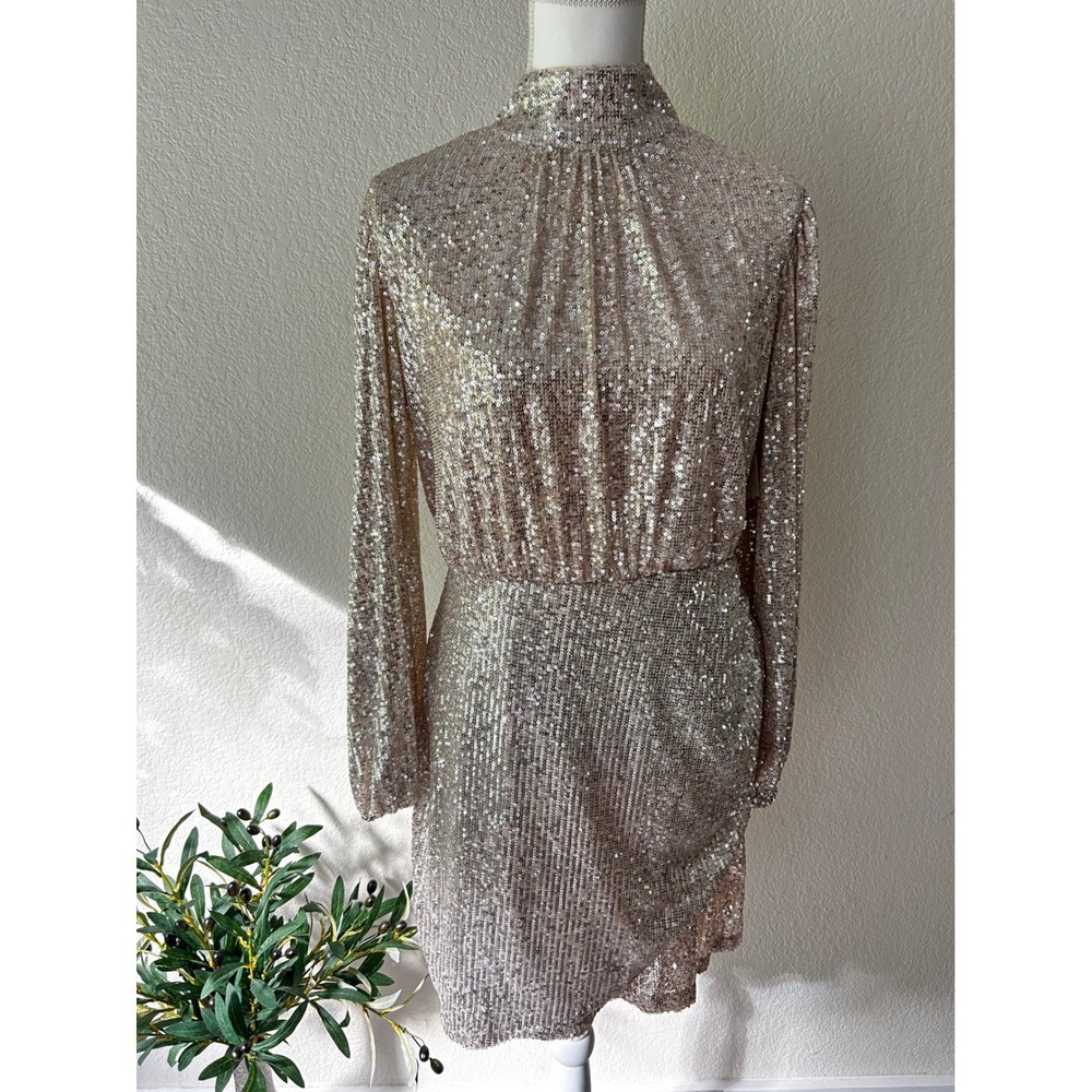 Rose Gold Sequin Mock Neck Long Sleeve Tulip Mini Dress Deadstock