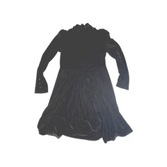 Black Velvet Gothic Mock Neck Long Sleeve Midi Dress Button Cuff Flared Sz L