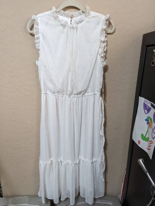 NWT White Silver Stripe Sheer Ruffle LF Dress SZ 12