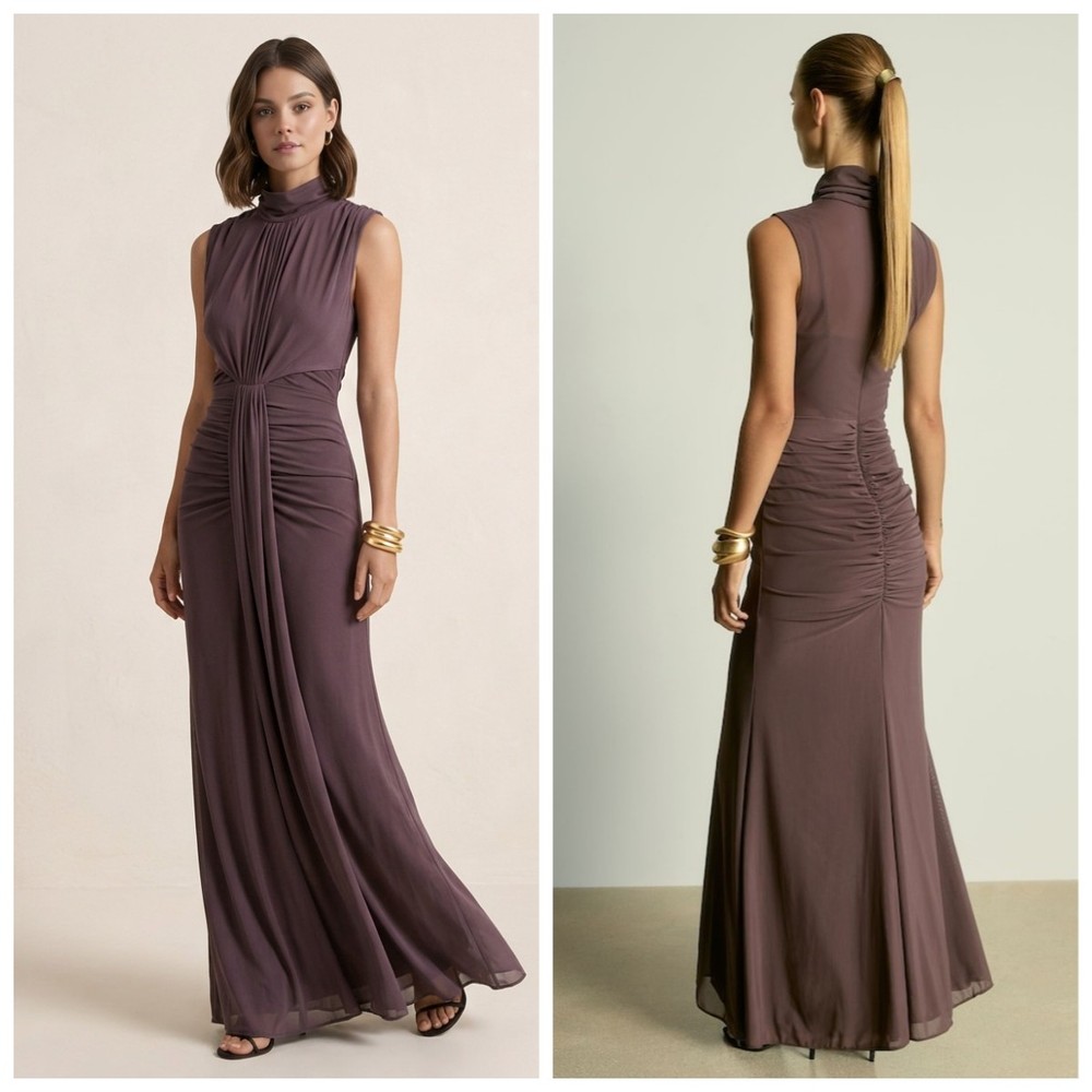 Grey Brown Pleated Sleeveless Ball Gown with High Neck and Pleated Evening Dress