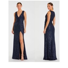 Mac Duggal 26598 Navy Sequin Plunging V-Neck Sequin Gown, NEW, Size 2, MSRP $498