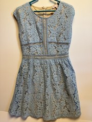 ultra pink Women’s Light Blue Lace Dress With Tan Underlay. Sleeveless.