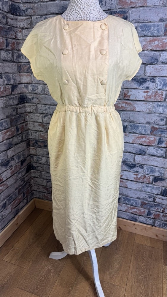 Vintage Dress Women&rsquo;s 12 Pale Yellow Faux Button Sheath Short Sleeve