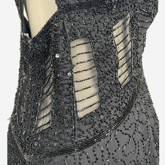 Vintage 90s Scala Silk black beaded sequin sheer panel cross back gown formal L