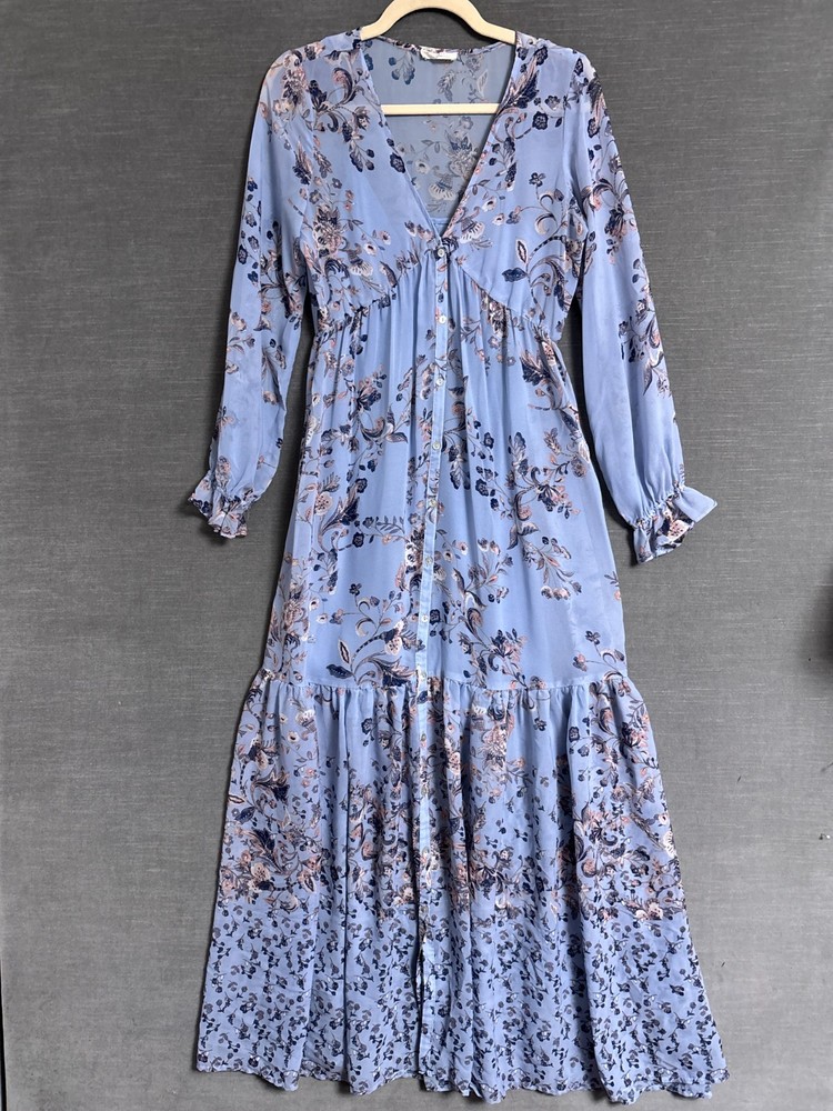 Lovestitch Dress S Blue Maxi Tiered Long Sleeve Chiffon Sheer Boho Indie Cottage