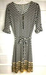 Tacera Black Beige Polyester Gold Zip Front Belted Dress 3/4 Sleeves Size 6 EC!