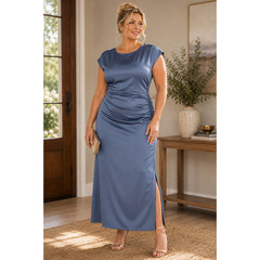 A New Day Women&rsquo;s 3X Blue Gray Satin Maxi Dress Ruched Side Slit
