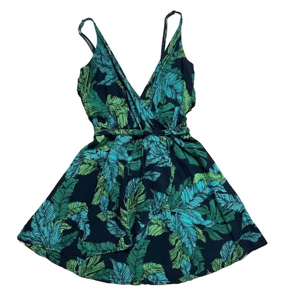 love, fire Womens Size S Black Green Tropical Floral Adjustable Dress