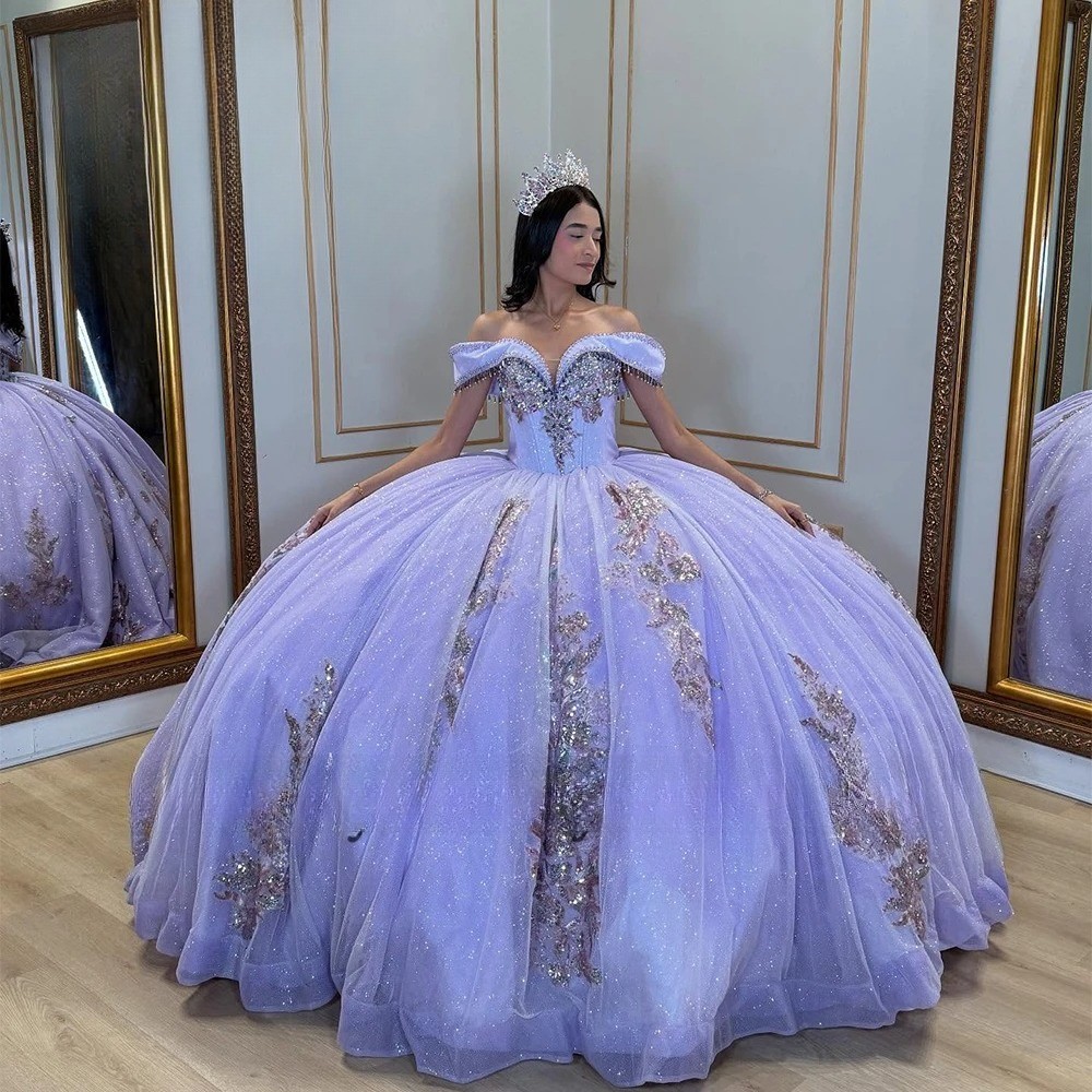 Off Shoulder Lavender Glitter Tulle Floral Beaded Quinceanera Sweet15 Gown