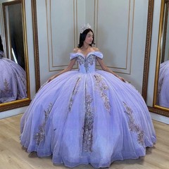 Off Shoulder Lavender Glitter Tulle Floral Beaded Quinceanera Sweet15 Gown