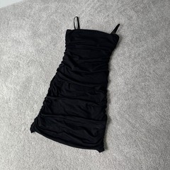 Babaton Women’s Black Solid Straight Neck Spaghetti Strap Ruched Mini Dress S