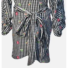 Monroe & Main Womens Plus 1X Gingham Floral Embroidered Wrap Dress Ruched Sleeve