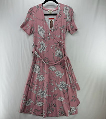 Matty M Midi Dress Womens Sz M Faux Wrap V-Neck Short Sleeves Belted Floral Pink