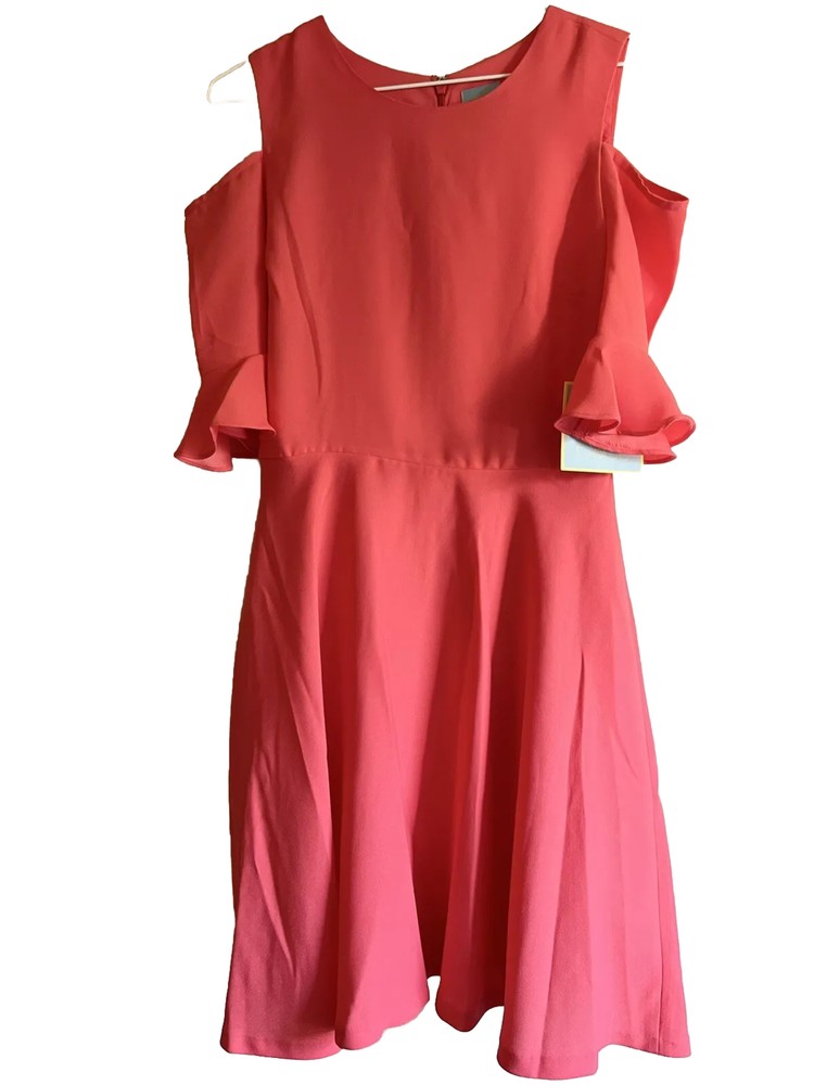 New Cece Orange/Red Size 0 Cold Shoulder Short Sleeve Fit & Flare Ruffle Dress