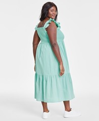 On 34th Plus Size Woven Solid Smocked Ruffled MIDI Dress 1X Sea Mist Green NWT&rsquo;s