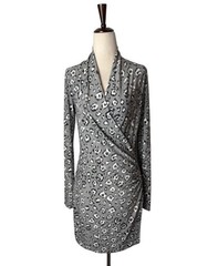 Norma Kamali Dress Women Small Gray Black Leopard Print Faux Wrap Ruched Sheath