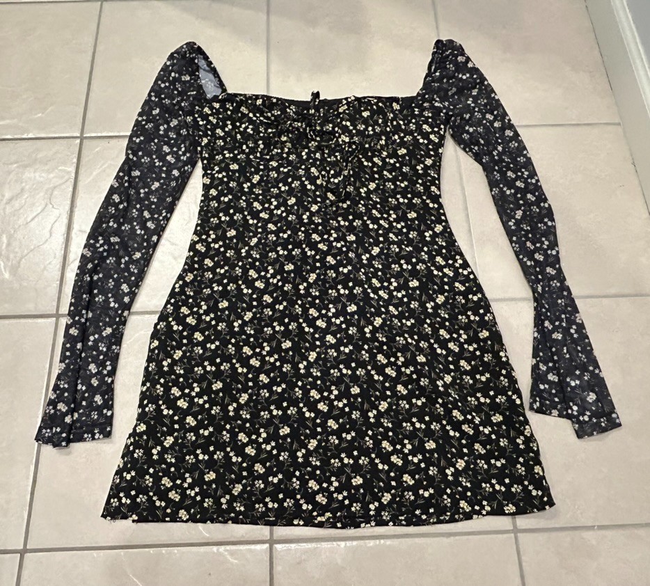 NWT Princess Polly Dyer Sheer Long Sleeve Mini Dress Black Floral size 6