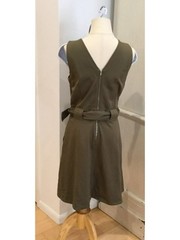 Sleeveless Olive Green Belted Dress with V-Neck and Side Pockets
