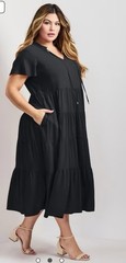 Avenue Black Solid Tiered V-Neck Flutter Short Sleeve Midi Dress Pockets 26/28