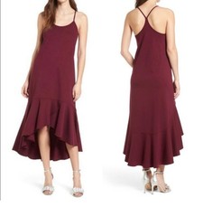 Leith Women&rsquo;s Burgundy Spaghetti Strap High-Low Ruffle Hem Midi Dress