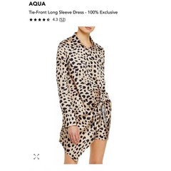 AQUA Leopard Animal Print Mob Wife Satin Tie Front Long Sleeve Shirt Dress XS