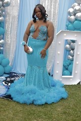 Women’s Blue Mermaid Long Formal Tulle Dress Sweetheart Sheer Beaded L/XL