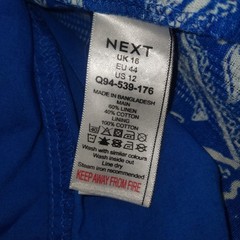 Next Dress Size 16 Cobalt Blue Linen Cotton Mini Botanic V Neck Pocket Summer