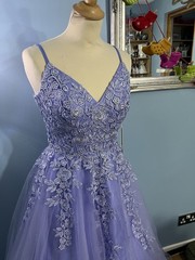 A Line Princess Tulle Prom Dress Deep V Sweep Train Beading UK 10 BNWT Lavender