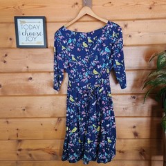 Eucalyptus NWT Bird Print Blue Pink Floral Fit Flare Dress Surplice Pleated Sz L