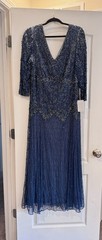 Pisarro Nights Navy Beaded V-Neck Long Sleeve Evening Gown