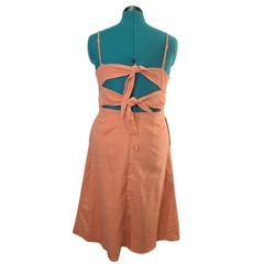 Hem & Thread Orange 2 Tie Back Button Front Midi Dress Linen Blend Size Large