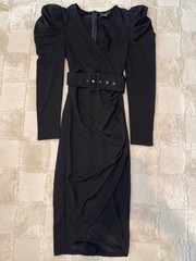 Vici Mid Length Black Long Puff Sleeve Black Belted Dress Size Small