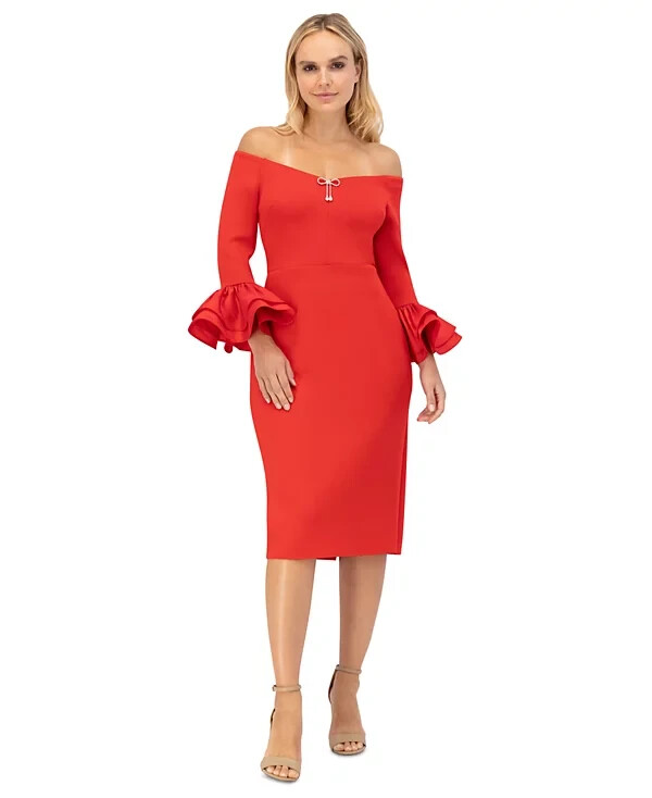 $168 Eliza J Women&rsquo;s Ruffled-Cuff Off-The-Shoulder Cocktail Dress, RED, SIZE-8