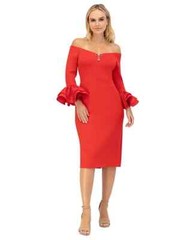 $168 Eliza J Women&rsquo;s Ruffled-Cuff Off-The-Shoulder Cocktail Dress, RED, SIZE-8