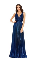 Mac Duggal 50640 Sapphire Metallic Pleated Plunge Neck Gown Size 14 $478