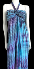 Vtg Batik Halter Maxi Dress One Size Smocked Strapless Hand Stamped Hippie Boho