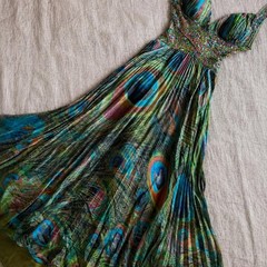 Vintage Jovani 100% silk shell sheer pleated overlay peacock feather print sz 10