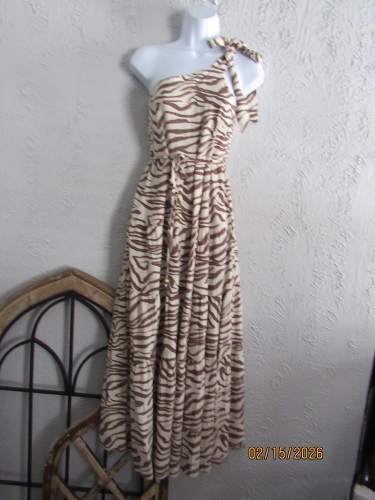 White Closet Elements nwt M one shoulder maxi dress zebra brown tan print linen