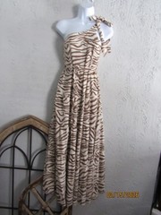 White Closet Elements nwt M one shoulder maxi dress zebra brown tan print linen