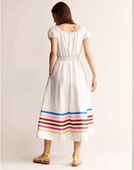Boden Amber White Cotton Midi Dress, Rainbow Stripe, Smocked Waist, US Size 14R