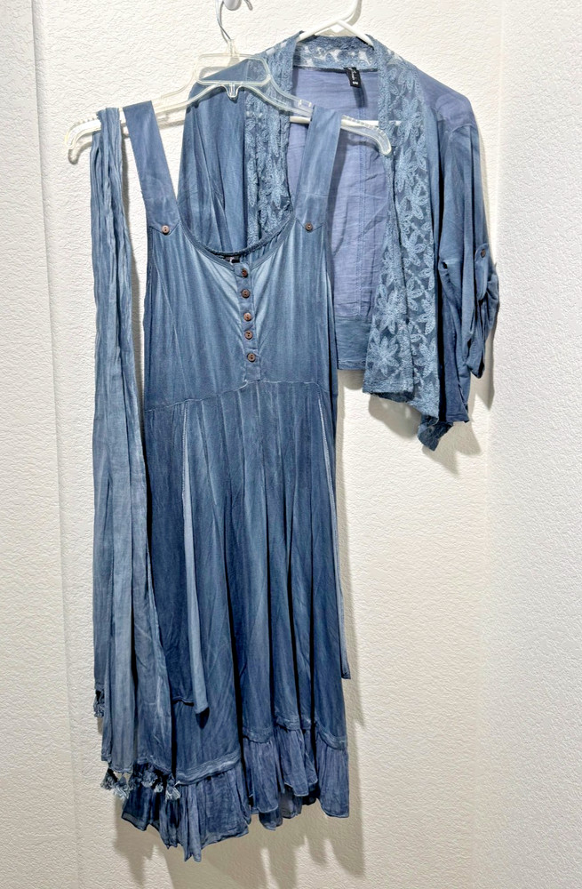 SACRED THREADS Embroidered Lace Tie Back Midi Dress w Jacket & Scarf Boho S/M