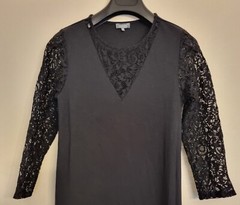 Jaeger UK Size 8 Black Stretch Viscose Blend + Lace Sleeve Long Dress